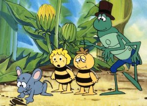 Alexander the mouse, Maya and Willy the bees with Flip, the grasshopper.