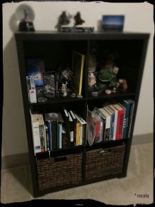 My very personal, physical bookshelf; middle shelf on the left is my book area.